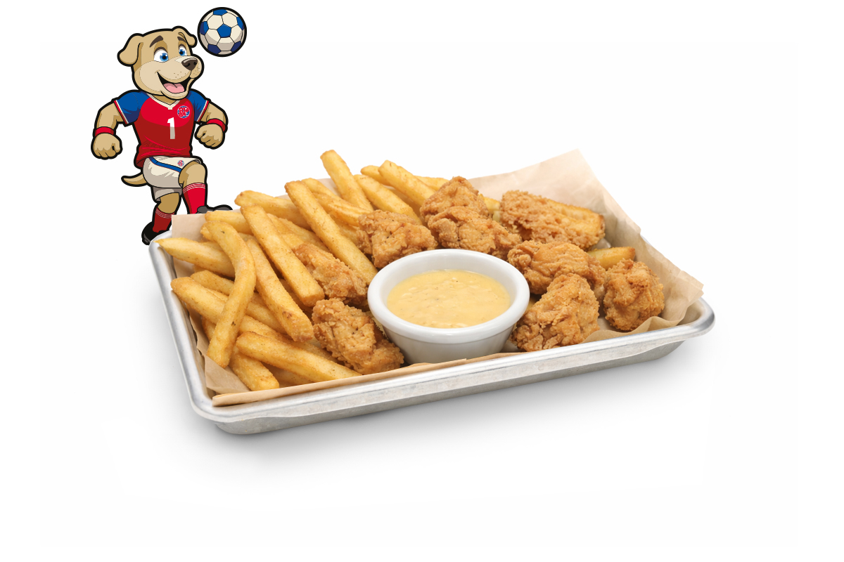 Image of chicken nuggets and fries on aluminum pan.