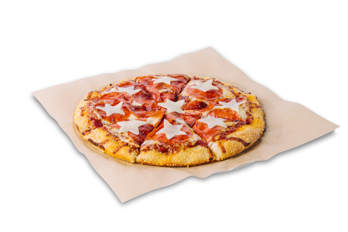 photo of bbq pepperoni pizza with star shaped cheese on top