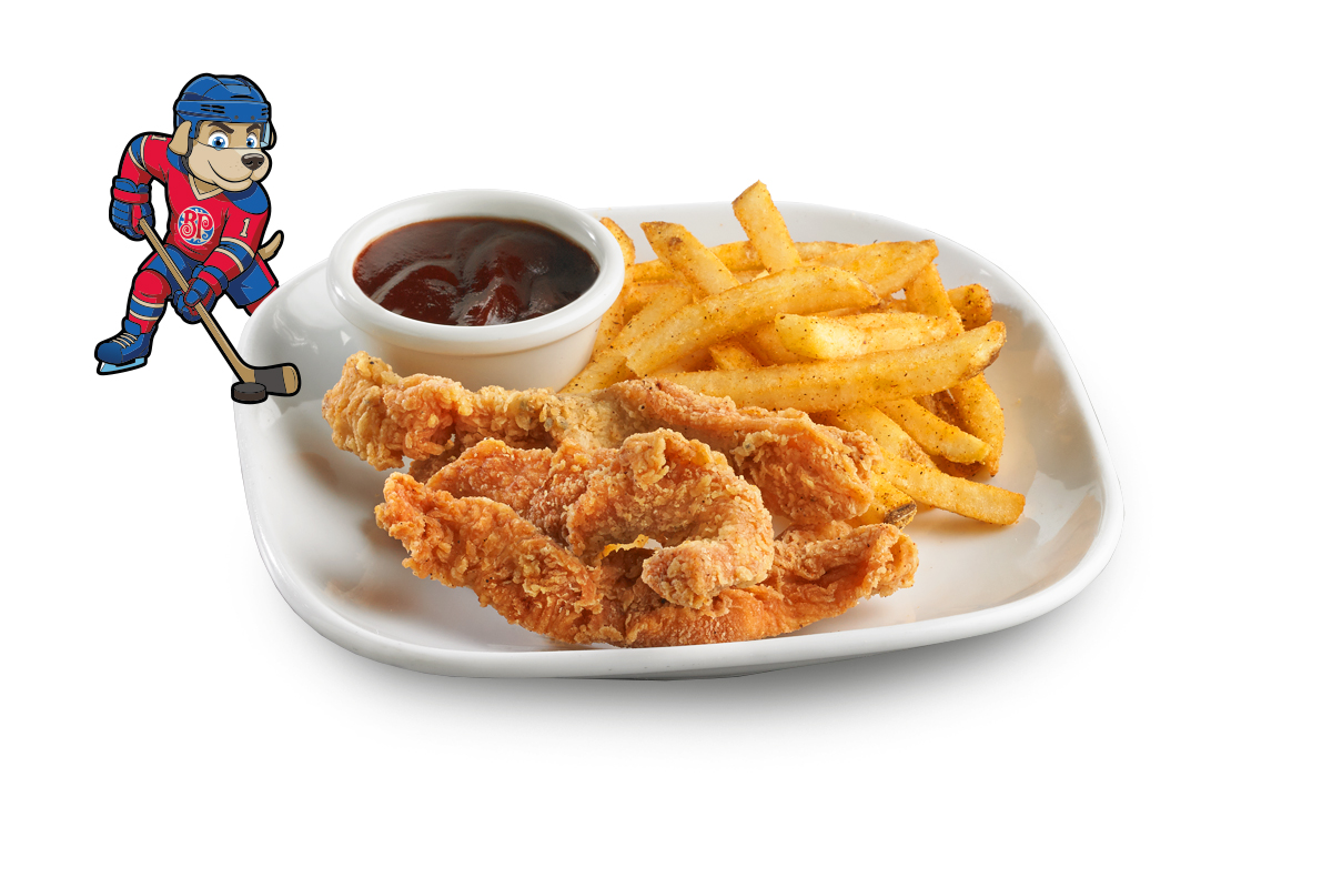 Breaded chicken strips with a side of seasoned fries and a cup of barbecue sauce.