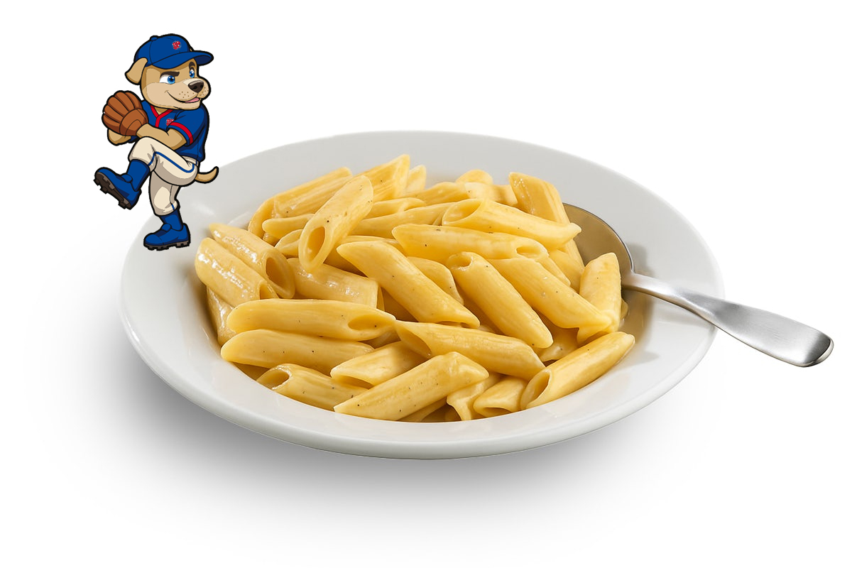 image of mac & cheese on a white bowl with our boss mascot on the side