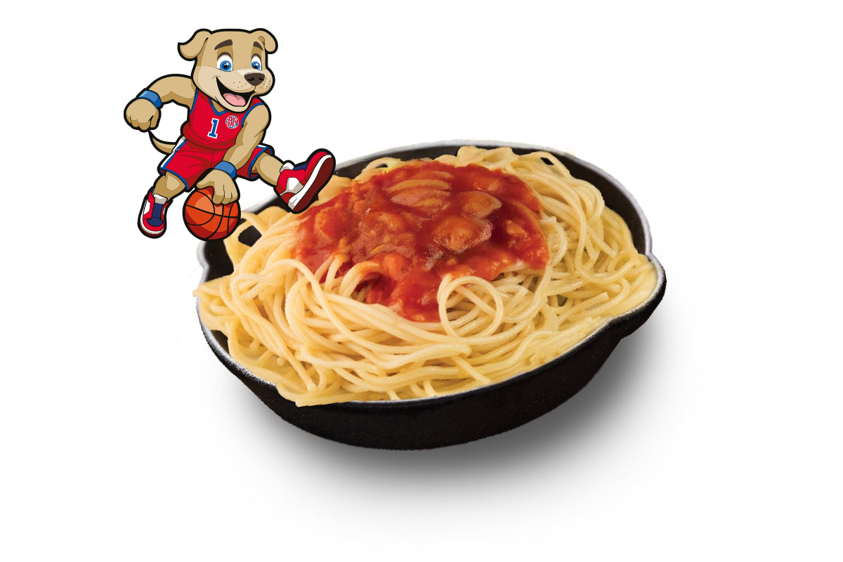 Kid-sized spaghetti with marinara on top.