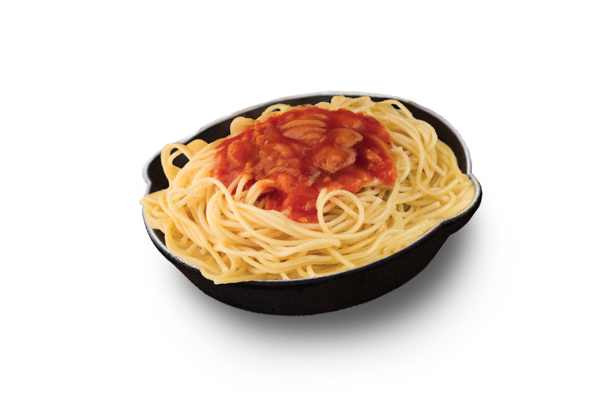 Kid-sized spaghetti with marinara on top.