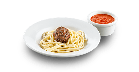 Kid-sized spaghetti with a meatball on top with a cup of marinara on the side.