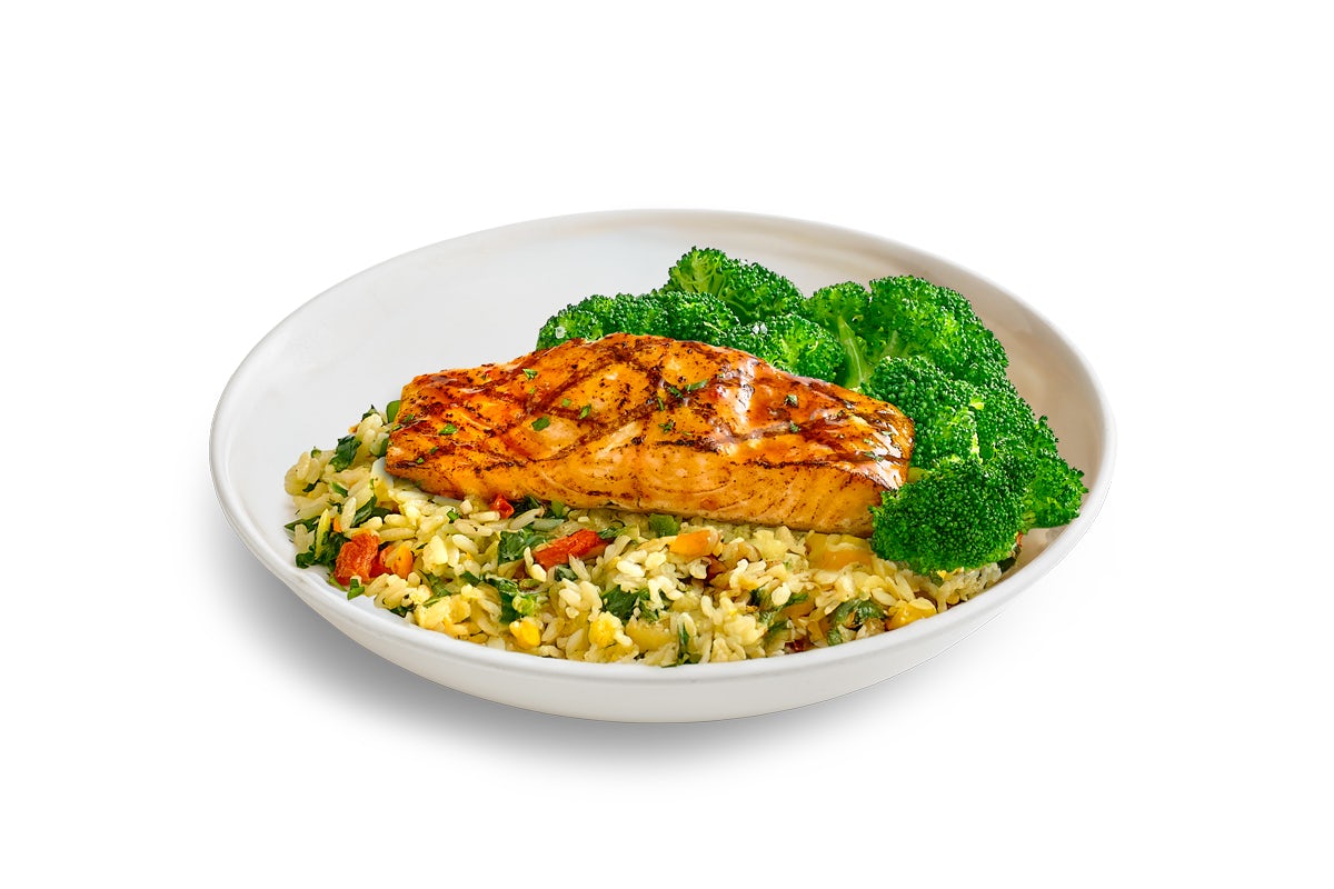 photo of asian glazed salmon on top of florentine rice