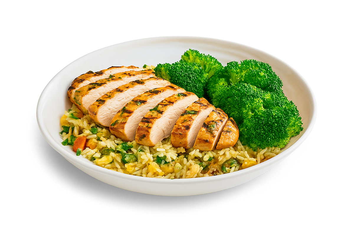 Image of grilled chicken with rice and broccoli on a bowl.