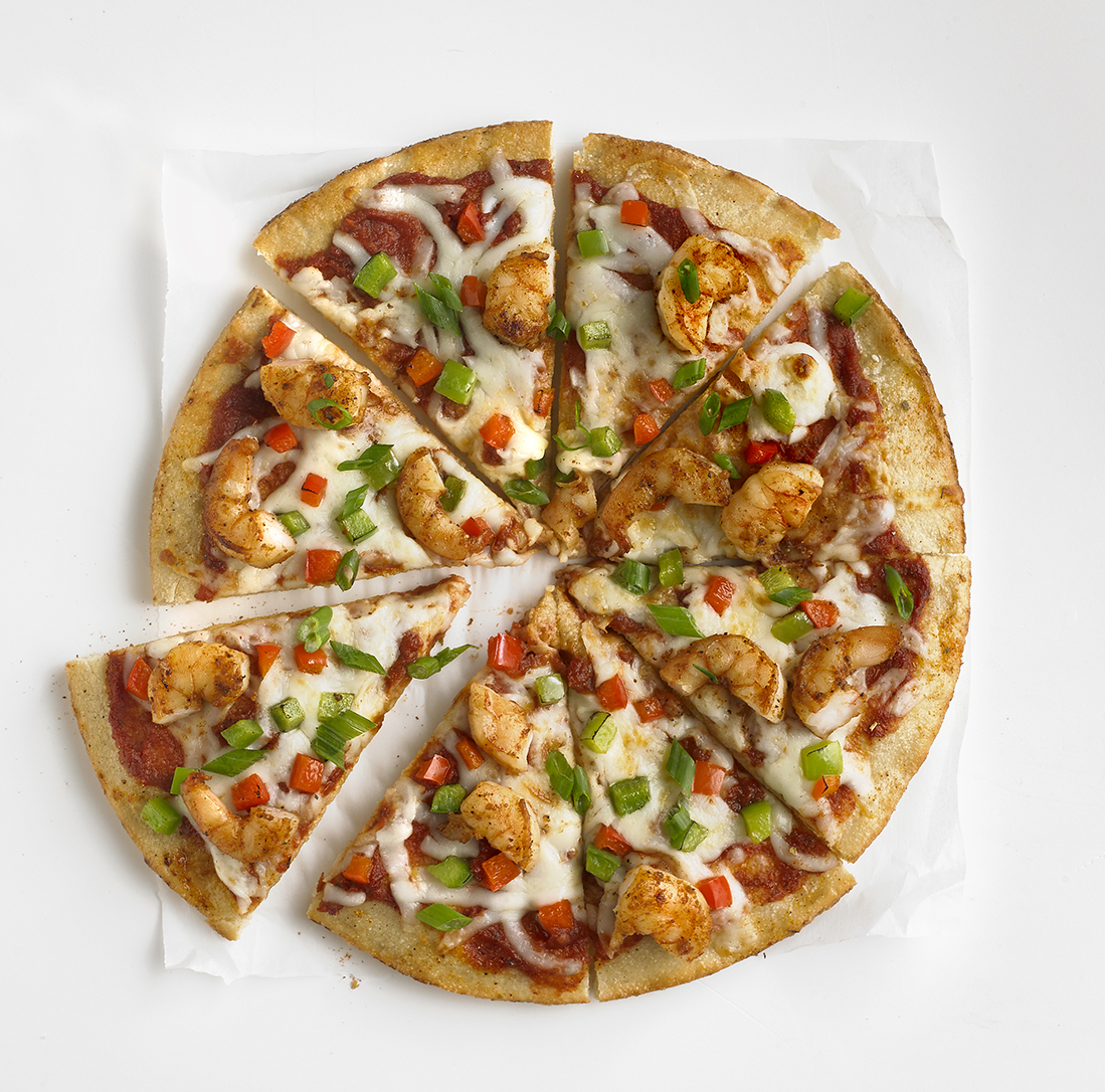 Thin Crust Pizza with Spicy Shrimp on top