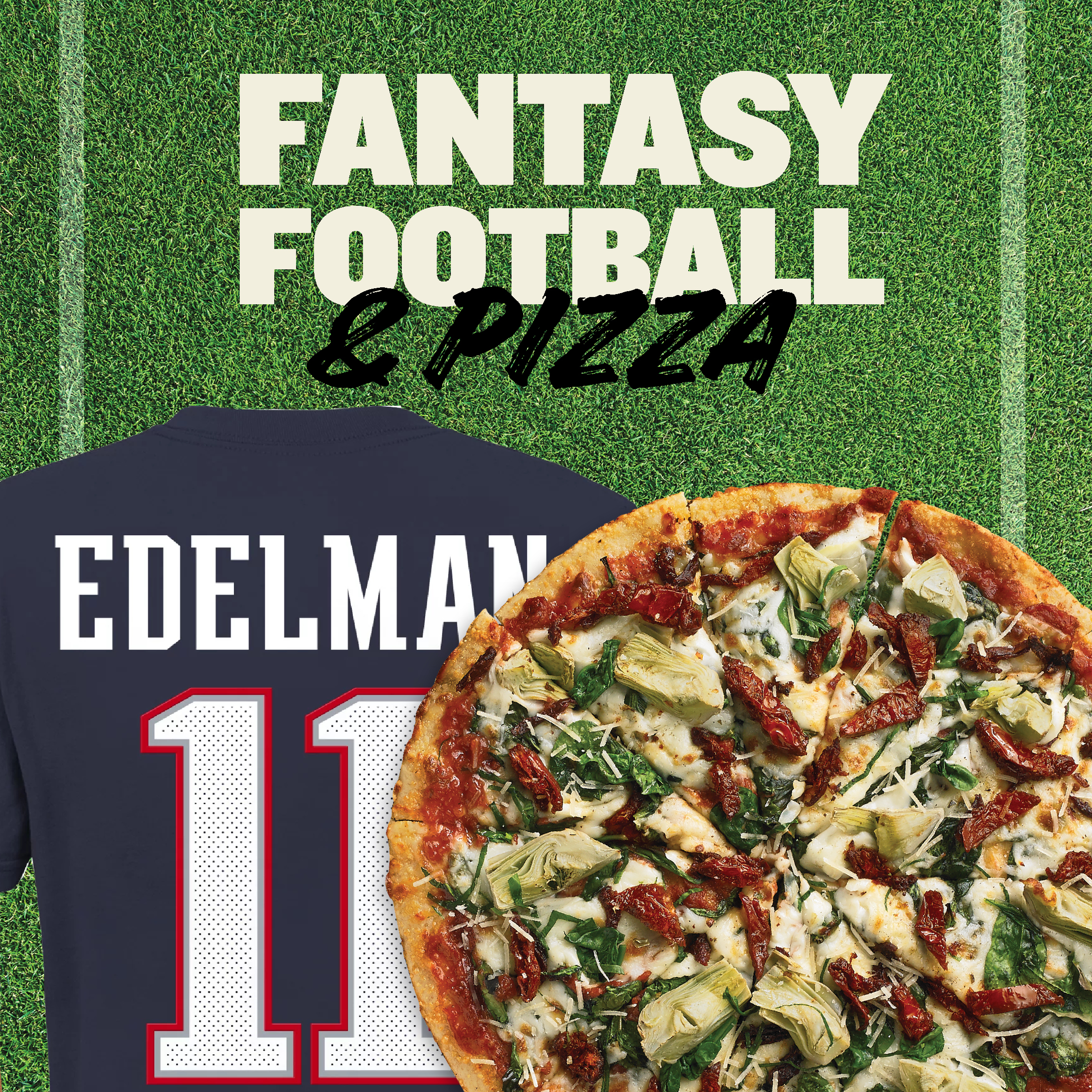 image of pizza and a jersey on football turf.