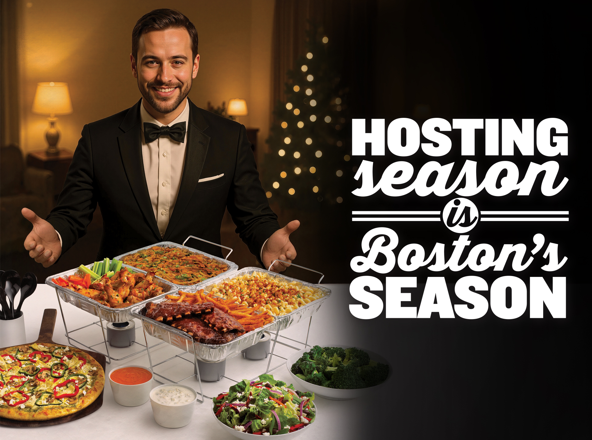 Image of waiter showing catering spread.  Includes pizza, ribs, pasta, salad and broccoli.
