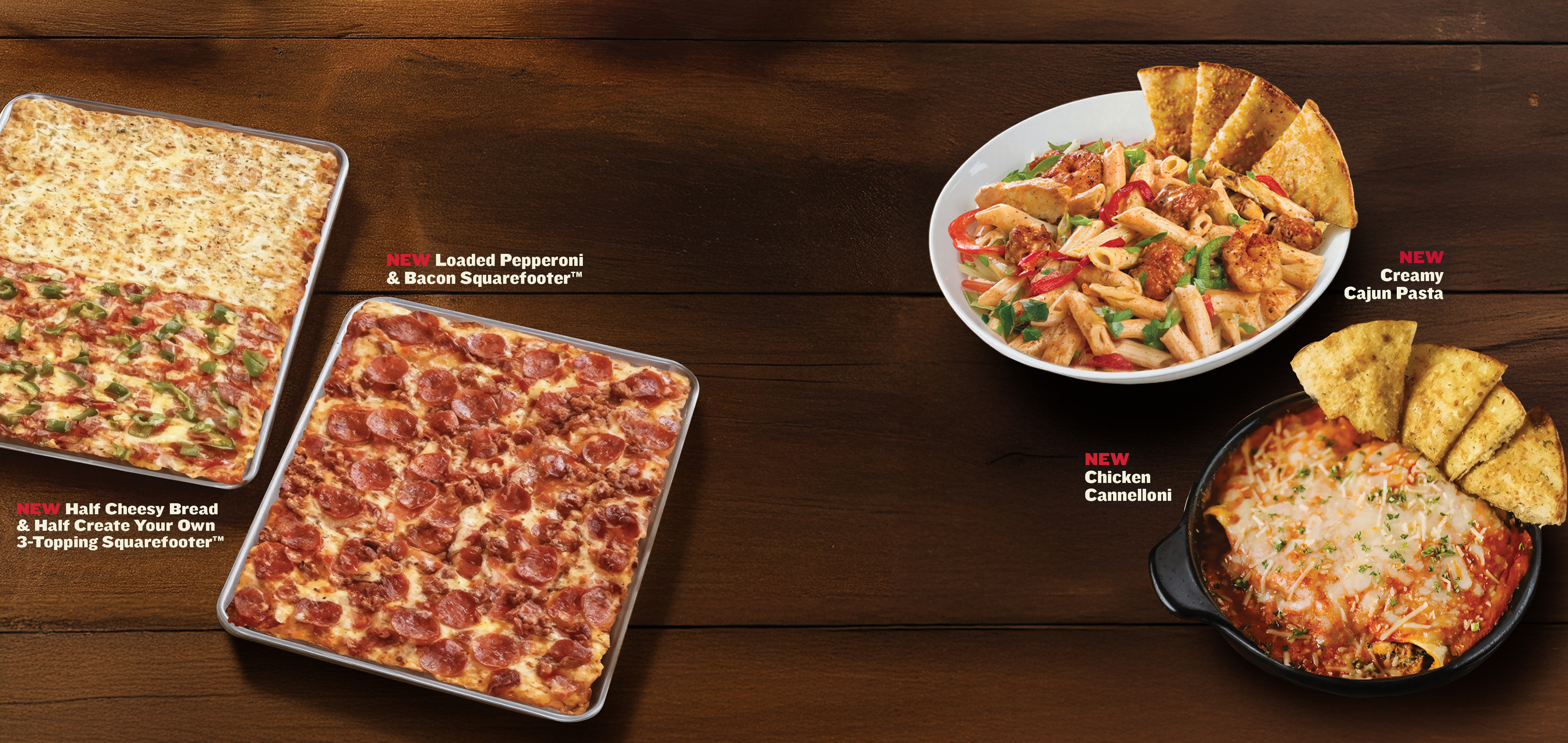 Photo of promotional items including two squarefooter pizzas and two pastas.
