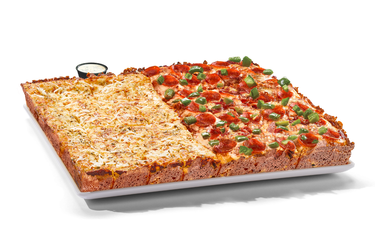Image of half cheesy bread & half pepperoni bacon squarefooter pizza.