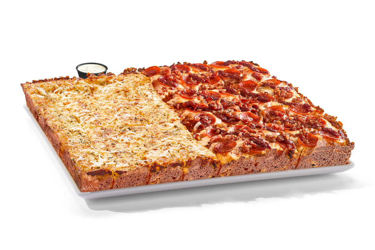 Image of half cheesy bread & half pepperoni bacon squarefooter pizza.