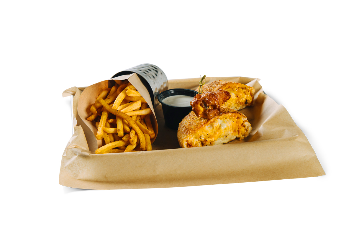 photo of flying buffalo pizzaburger with a side of fries