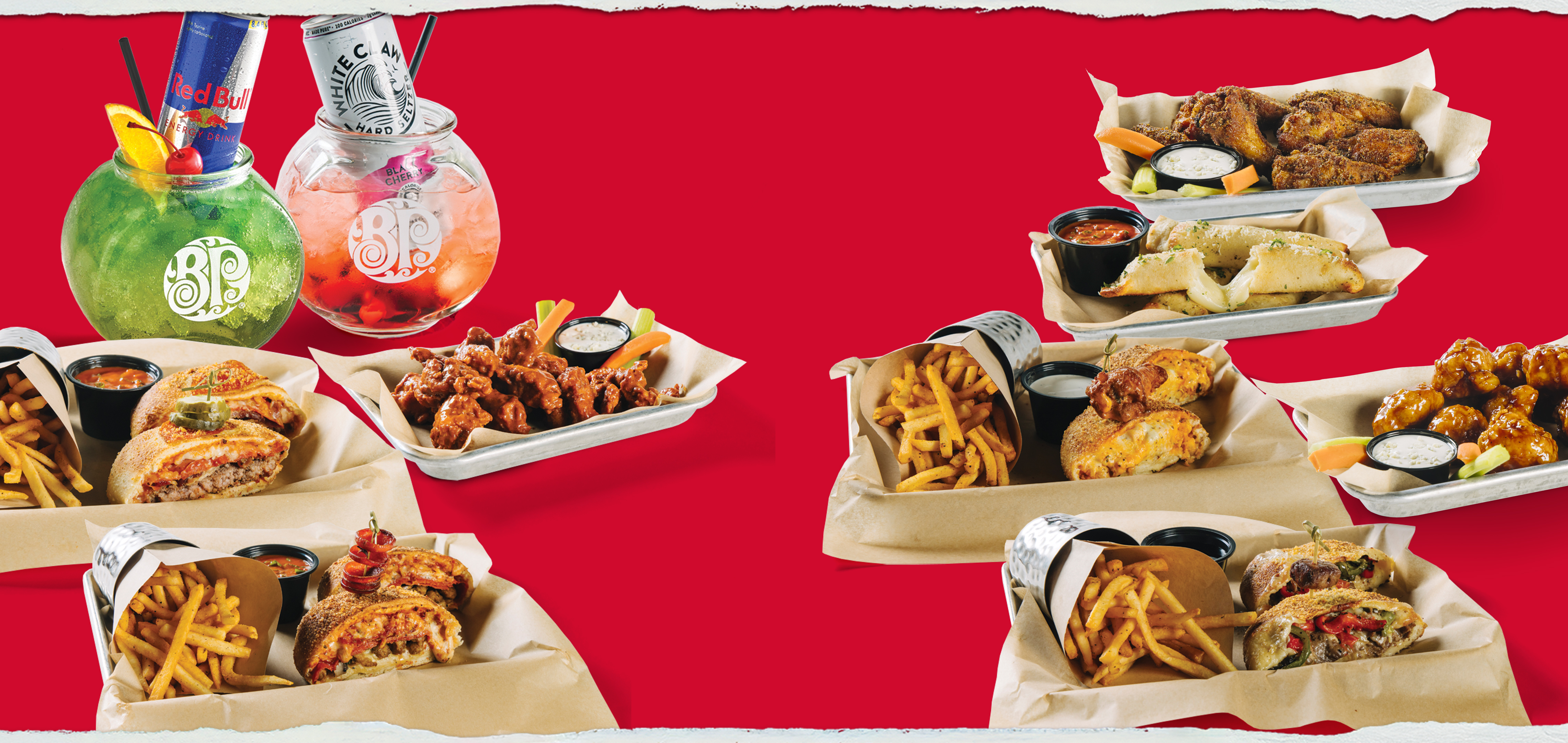 Photo of promotional items including pizzaburgers, wings and white claw and redbull drinks.