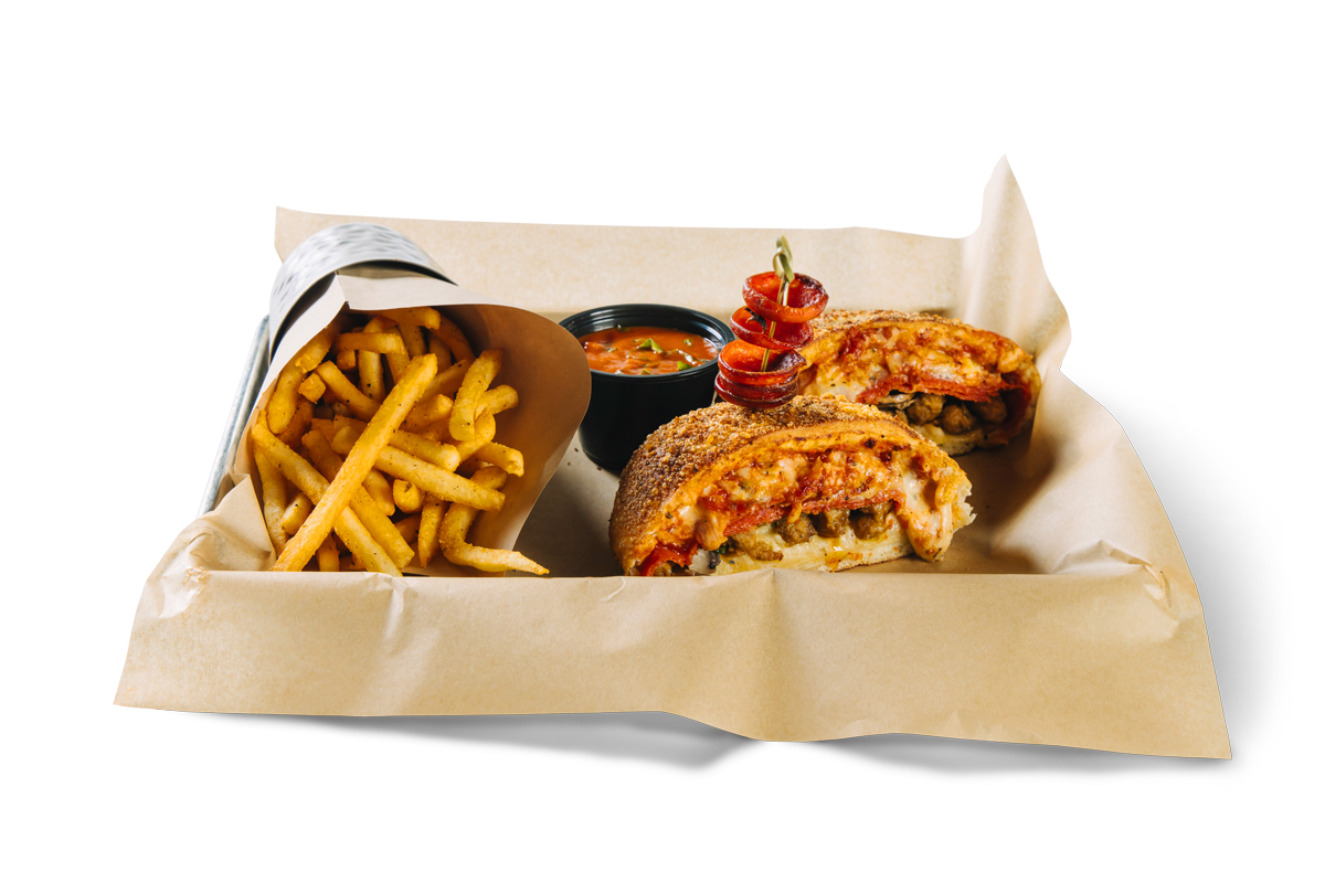 photo of mamma meata pizzaburger with a side of fries