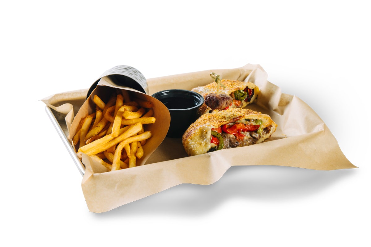 photo of philly cheesesteak pizzaburger with a side of fries