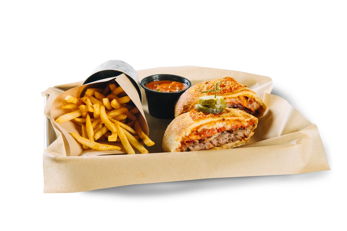 photo of signature pizzaburger with a side of fries