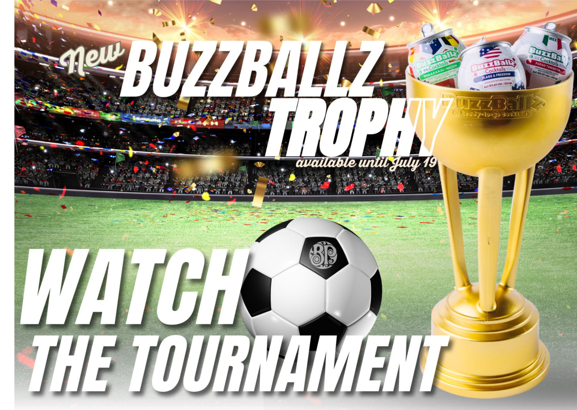 image of a gold trophy holding buzzblazz cans in a stadium