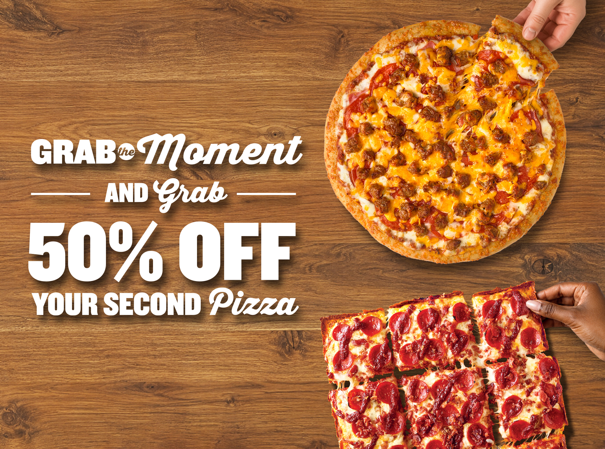 image of a squarefooter and our peperroni pizza on a wooden table background