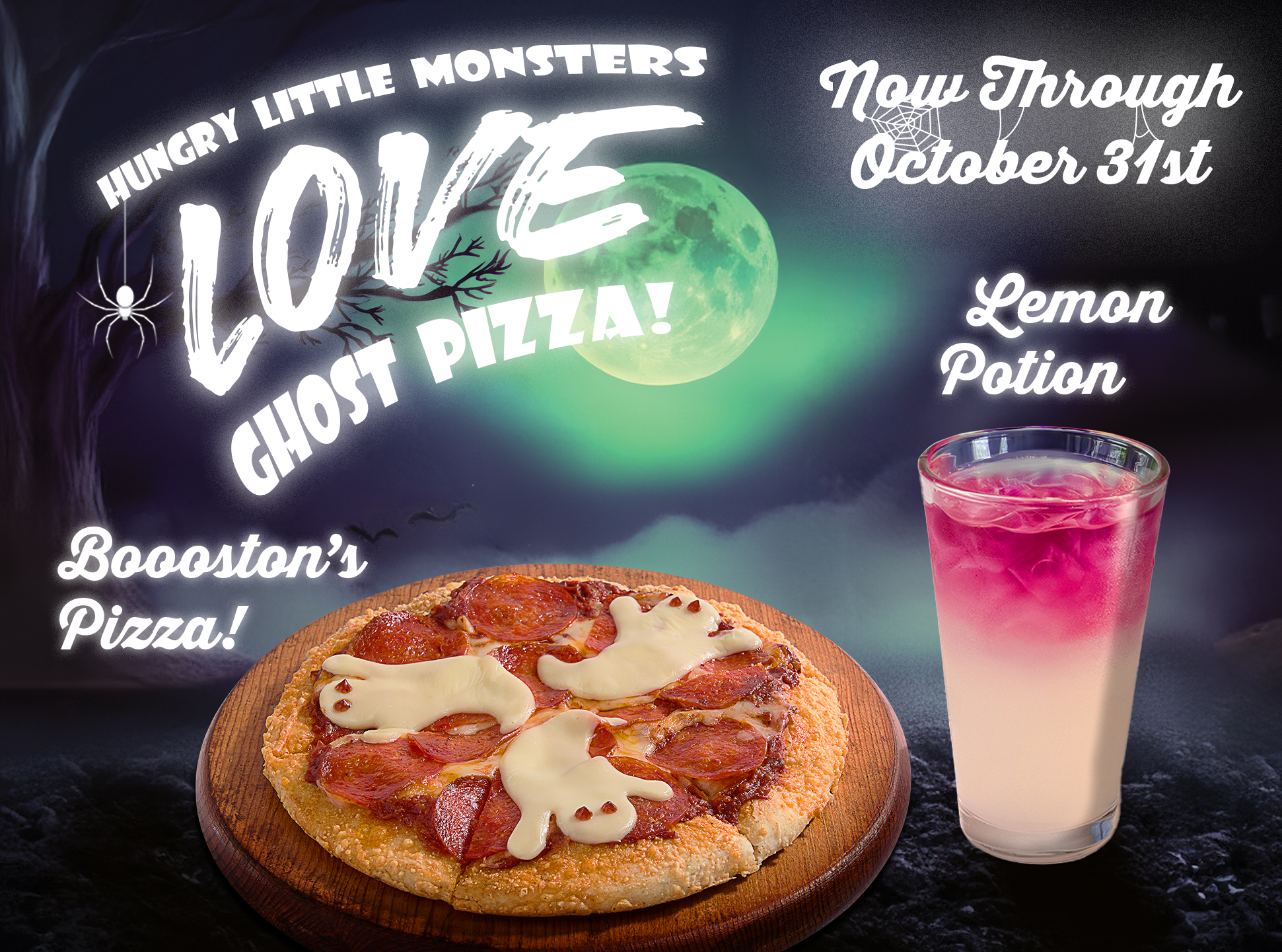 image of our halloween kid's pizza and lemon potion lemonade