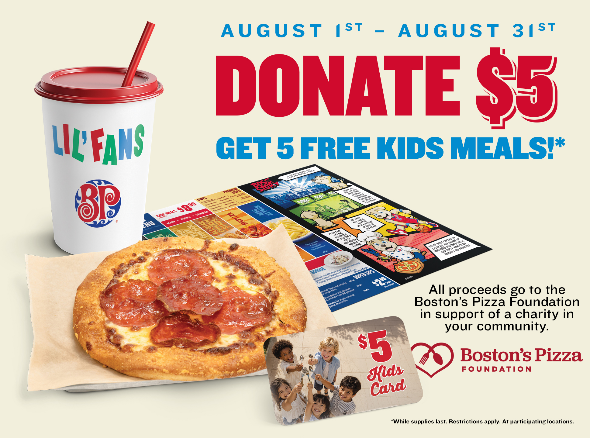 image of our indy pizza, kids drink and $5 dollar kids cards coupon