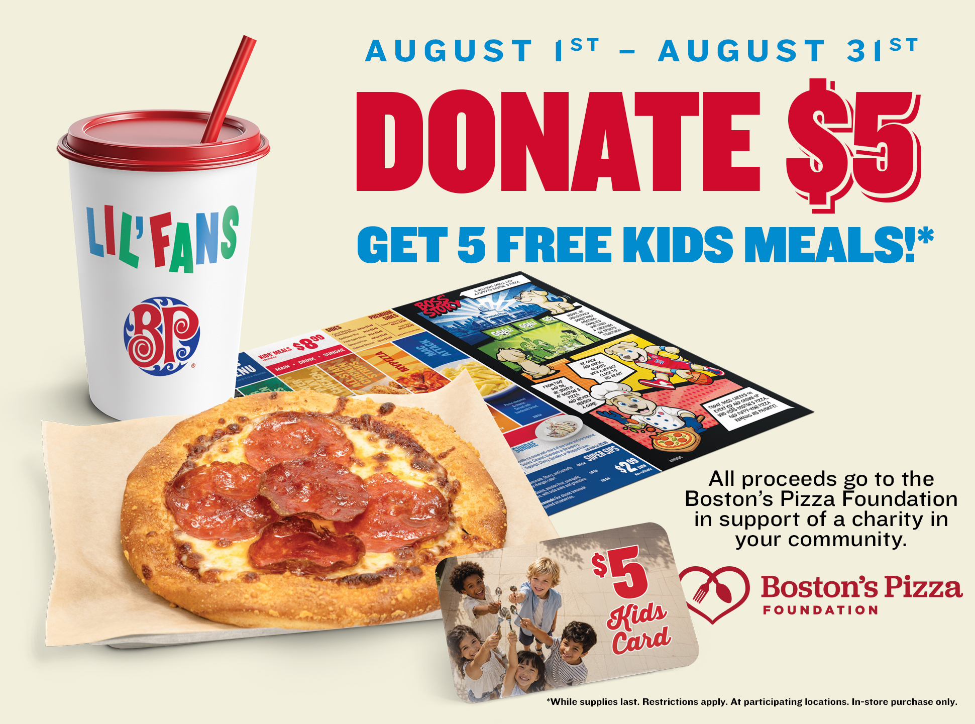 image of our indy pizza, kids drink and $5 dollar kids cards coupon