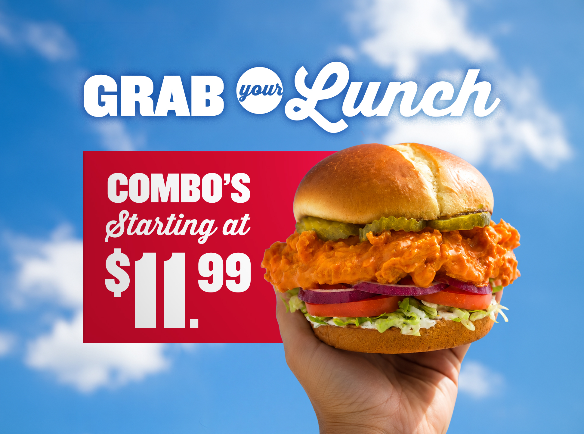 image of our chicken burger being held up with a hand promotting our lunch starting ay $11.99