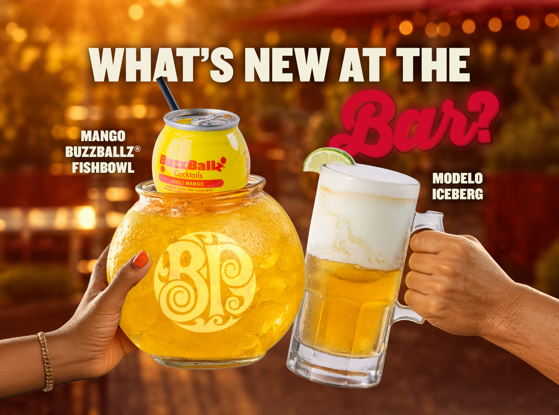 image of our mango buzzballz fishbowl and modelo iceberg being cheers
