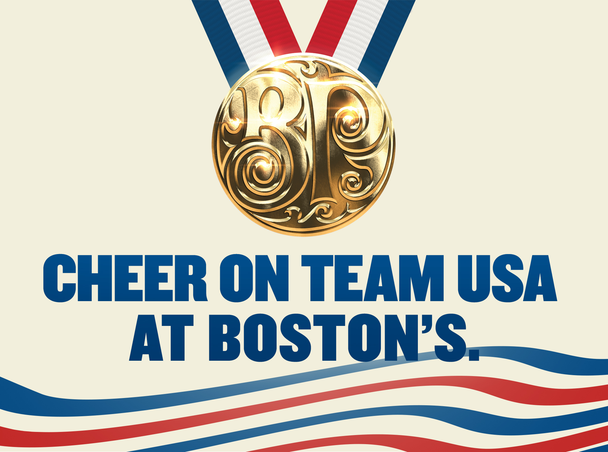 image of Boston's Pizza logo as a gold medal saying cheer on team USA at Boston's