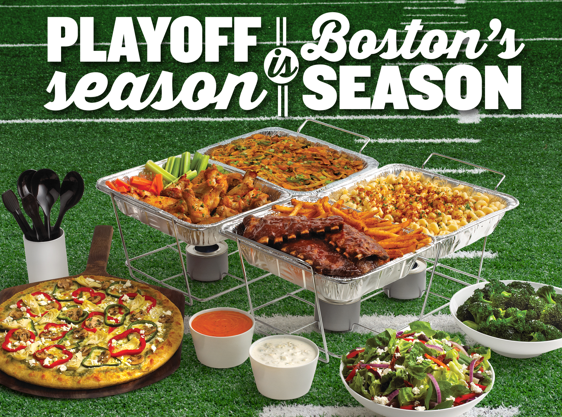 A picture of catering foods in a football pitch to signify playoff season