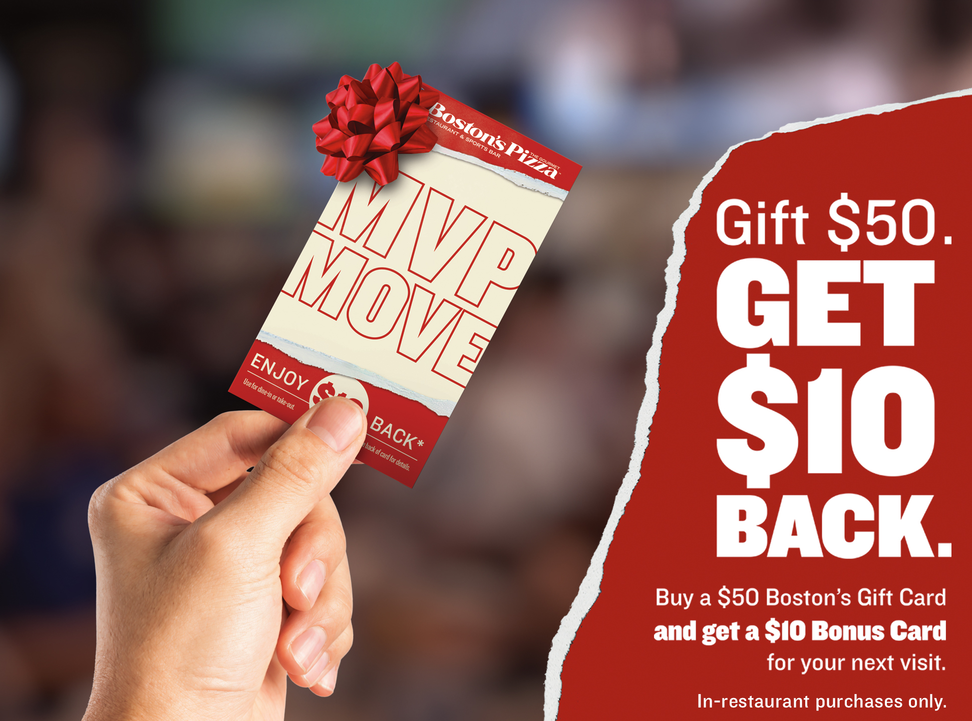 image of hand holding a boston's pizza gift card